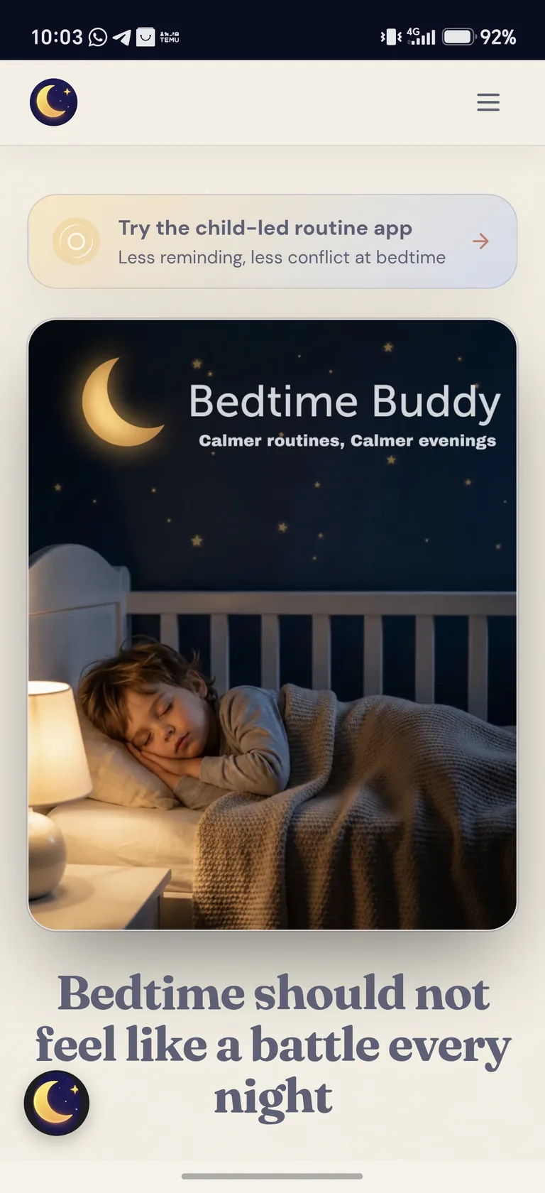 Bedtime Buddy mobile website showing a child-led routine prompt, sleeping child and calmer bedtime message