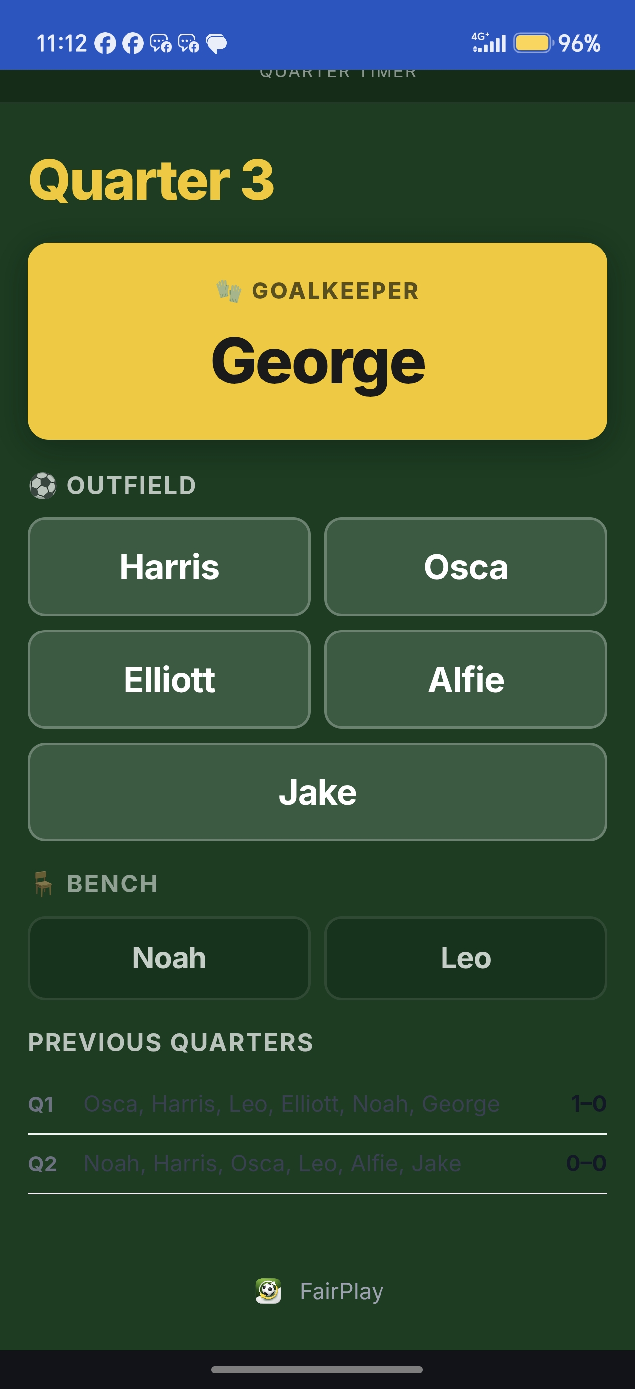 FairPlay Coach live match screen showing quarter three, goalkeeper George, outfield players and bench