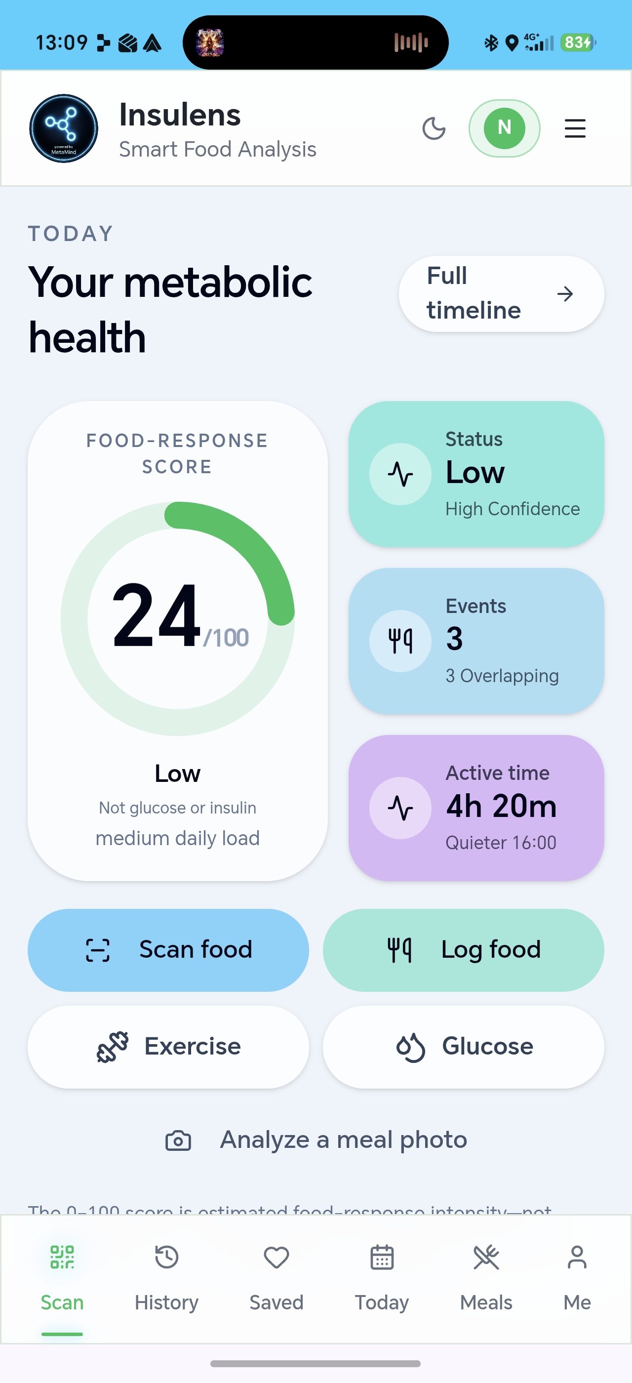 Insulens dashboard showing metabolic health, a food-response score of 24 out of 100, and scan and log actions
